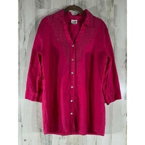 Chicos Blouse Top Size 2‎ or Large Pink Fuchsia 100% Linen Beaded Collar Chest